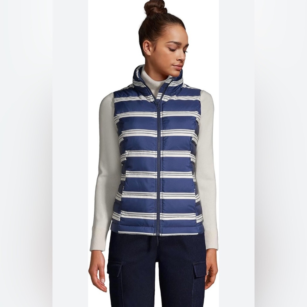 Outdoors Lands’ End Navy Striped Down Puffer Vest NWT Size M 600 Fill Power